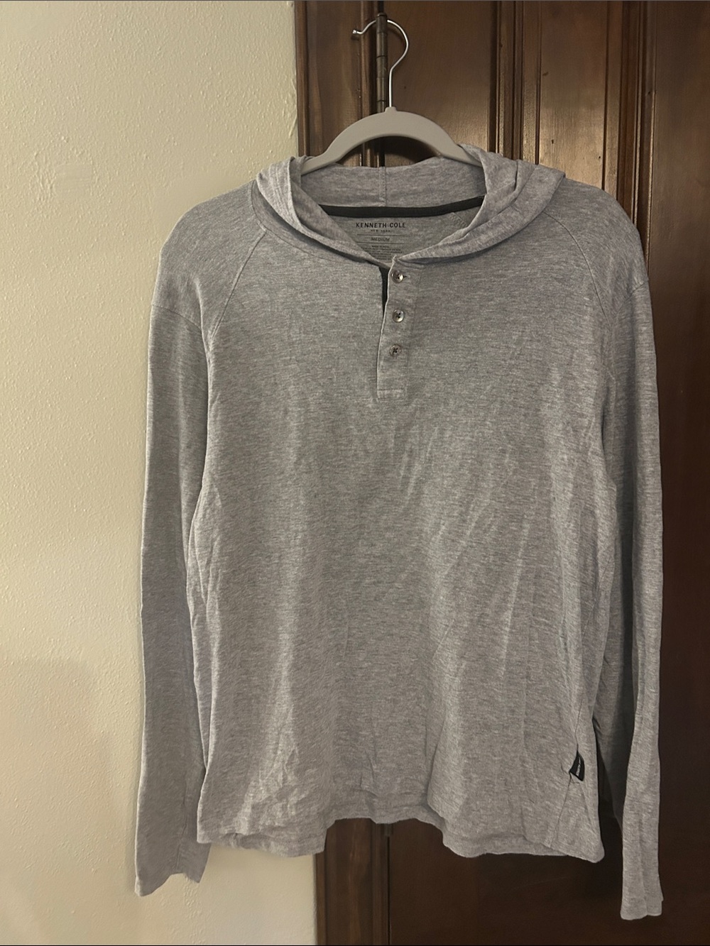 KENNETH COLE COTTON BLEND Lightweight Gray Hooded Henley